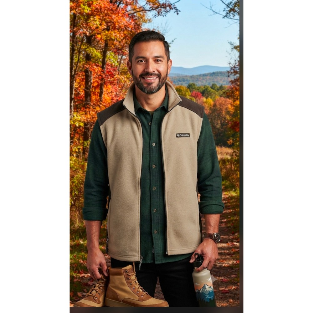 Columbia Sportswear Mens XL Fleece Vest Two Tone Colorblock Tan Brown Full Zip